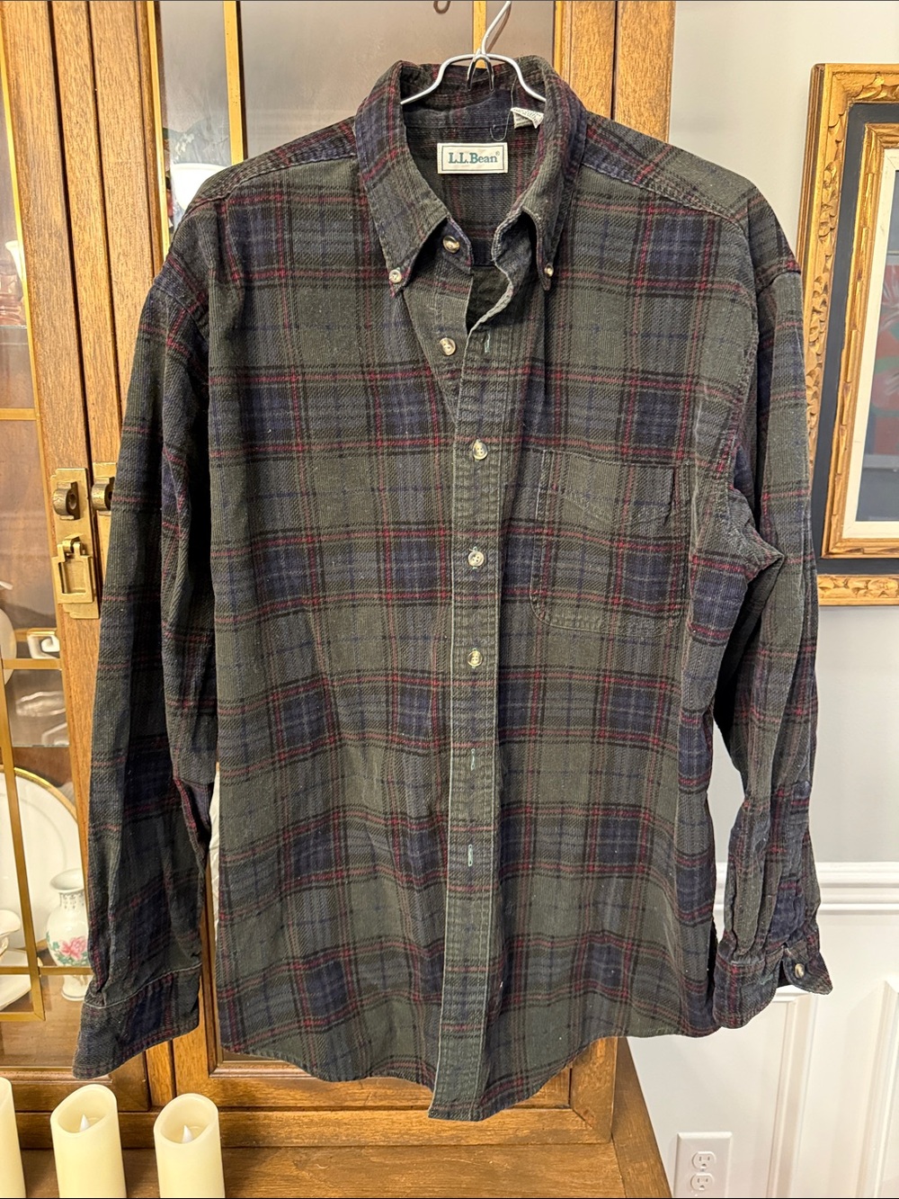 Vintage early 00’s L.L. Bean Men's Green Plaid Corduroy Button-Down Shirt